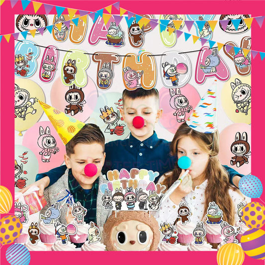 ParteeTime Kids Birthday Party Celebration Decoration Set Labubu 4 in 1 Banner Balloon Cake Cupcake Topper