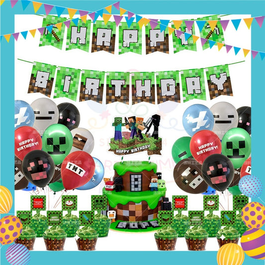 ParteeTime Kids Birthday Party Celebration Decoration Set Minecraft Steve 4 in 1 Majlis Sambutan Hari Jadi Kanak-Kanak