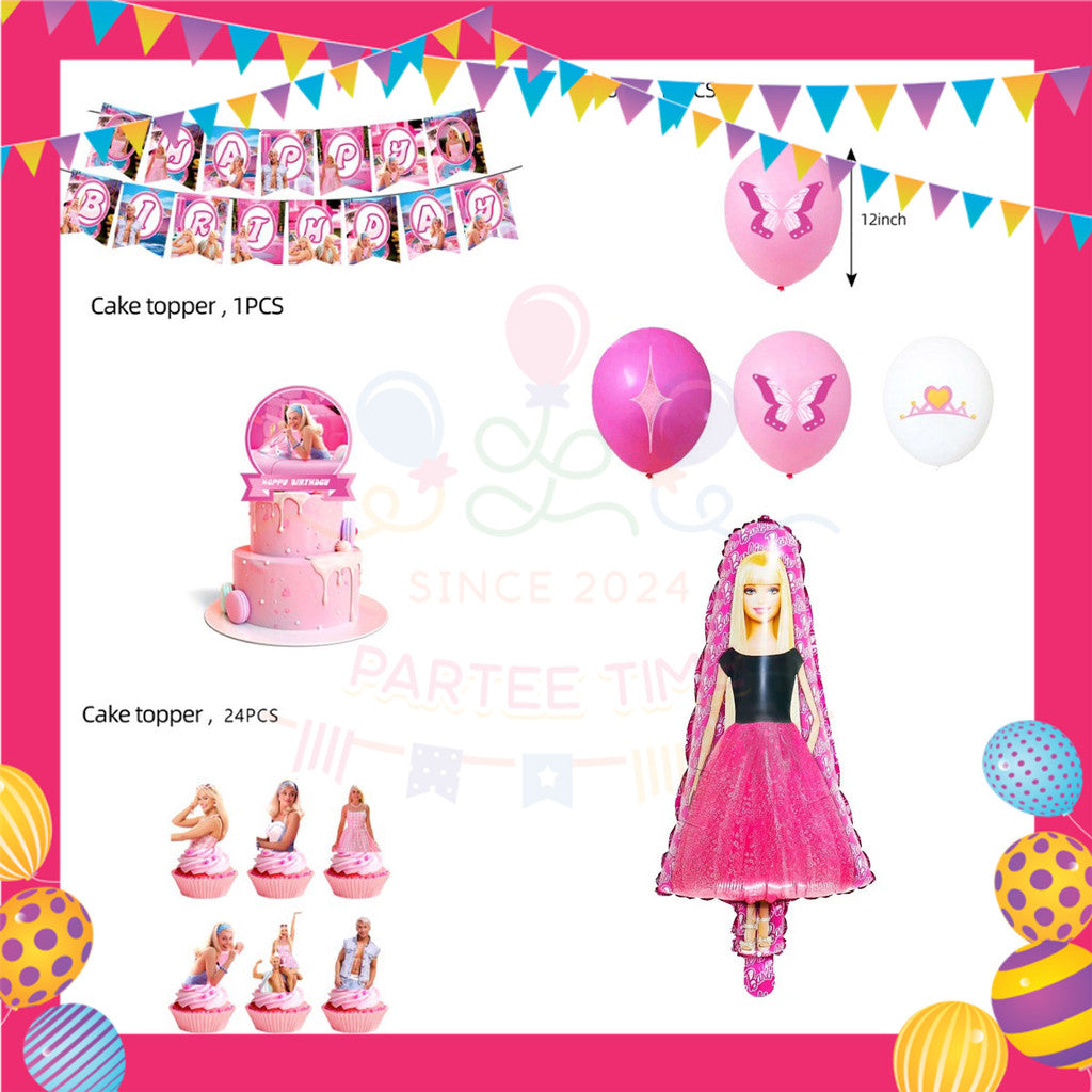 ParteeTime Kids Birthday Party Celebration Decoration Set Barbie 4 in 1 Hiasan Majlis Sambutan Hari Jadi Kanak-Kanak