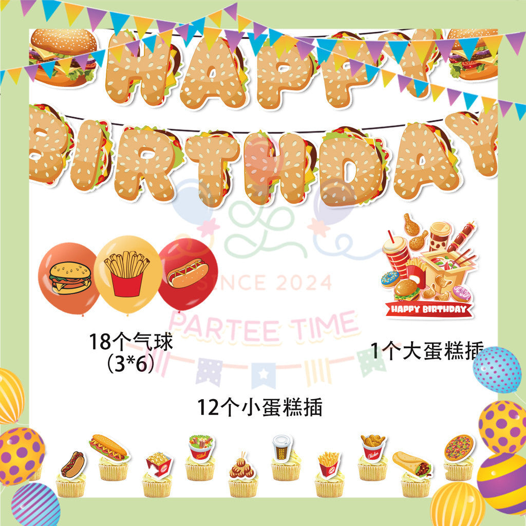 ParteeTime Kids Birthday Party Celebration Decoration Set Fast Food 5 in 1 Banner Balloon Cake Cupcake Topper Hari Jadi