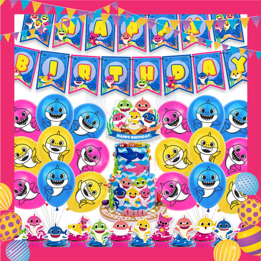 ParteeTime Kids Birthday Party Celebration Decoration Set Baby Shark 4 in 1 Banner Balloon Cake Cupcake Topper Hari Jadi