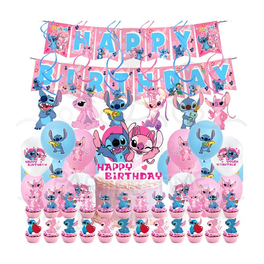 ParteeTime Kids Stitch Theme Decorations Kids Birthday Party Balloon Banners Hang Swirls Backdrop Tablecloth Cake Topper