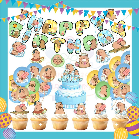 ParteeTime Kids Capybara Theme Decoration Birthday Party Supplies Banners Backdrop Sambutan Hari Jadi Hiasan Kanak-Kanak