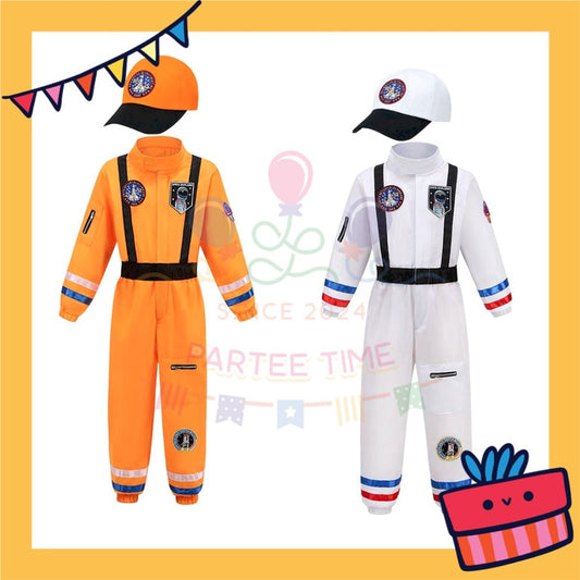 ParteeTime Kids Astronaut Children Boy Girl Kid Costume Halloween Nasa Cosplay Pilot White Orange Jumpsuit Spaceman