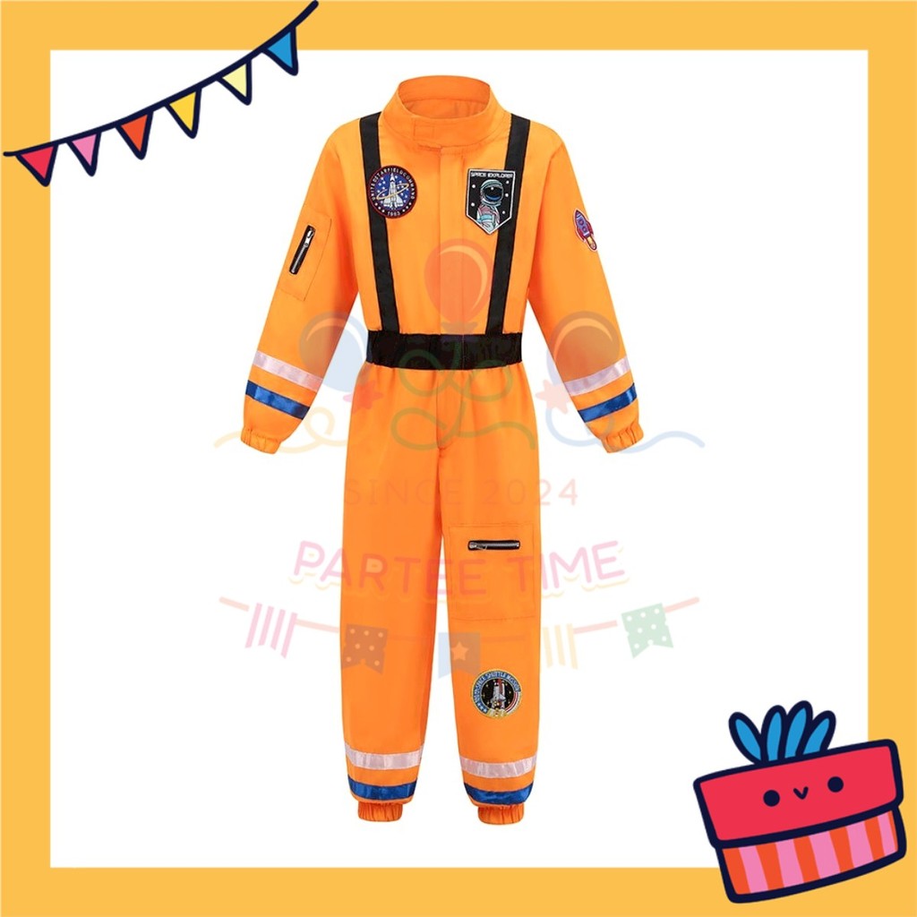 ParteeTime Kids Astronaut Children Boy Girl Kid Costume Halloween Nasa Cosplay Pilot White Orange Jumpsuit Spaceman