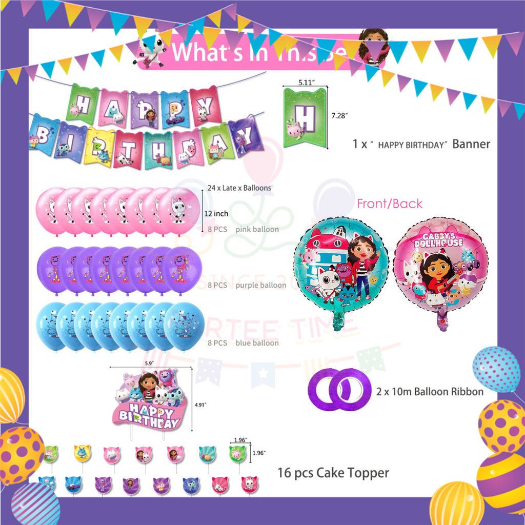 ParteeTime Kids Birthday Party Celebration Decoration Set Dollhouse Doll House Gabby 4 in 1 Hiasan Majlis Sambutan Hari Jadi Kanak-Kanak