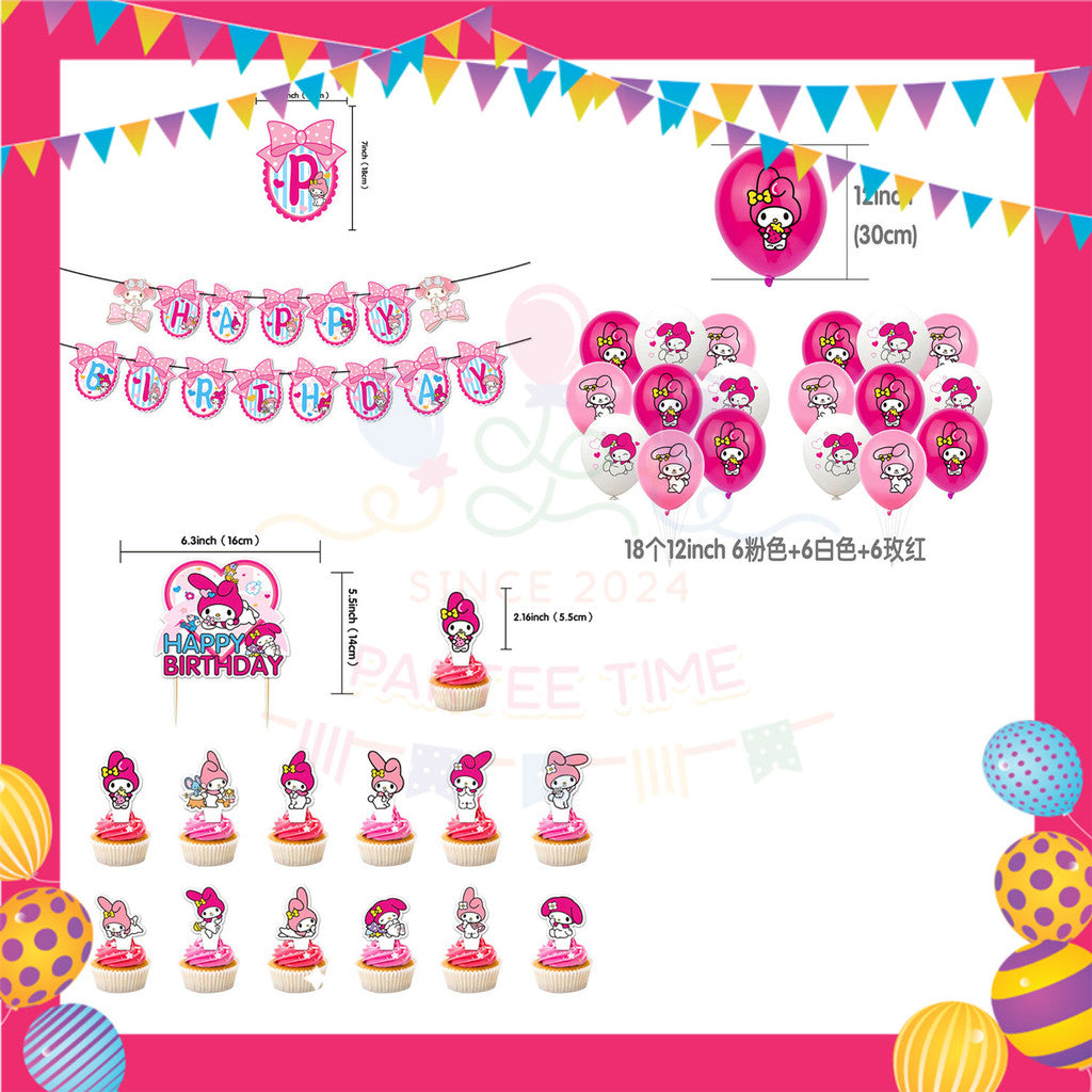 ParteeTime Kids Birthday Party Celebration Decoration Set Melody 4 in 1 Banner Balloon Cupcake Topper Parti Hari Jadi