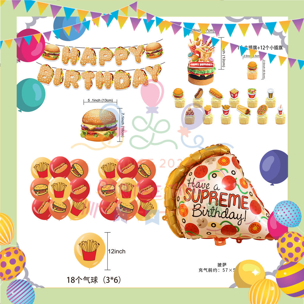 ParteeTime Kids Birthday Party Celebration Decoration Set Fast Food 5 in 1 Banner Balloon Cake Cupcake Topper Hari Jadi