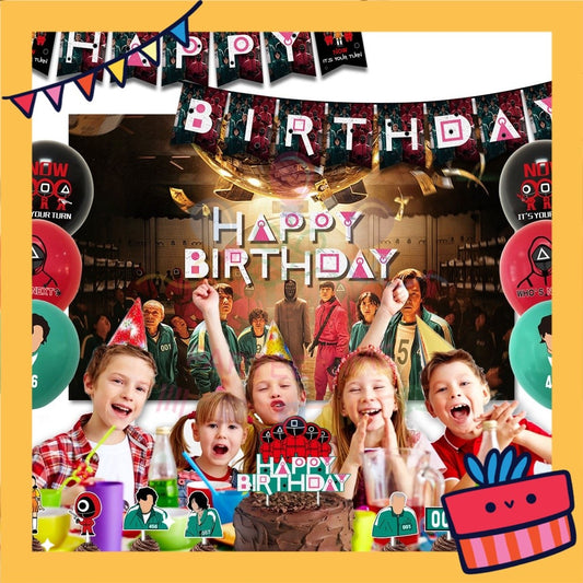 ParteeTime Kids Birthday Party Celebration Decoration Set Squid Game 4 in 1 Banner Balloon Cake Cupcake Topper