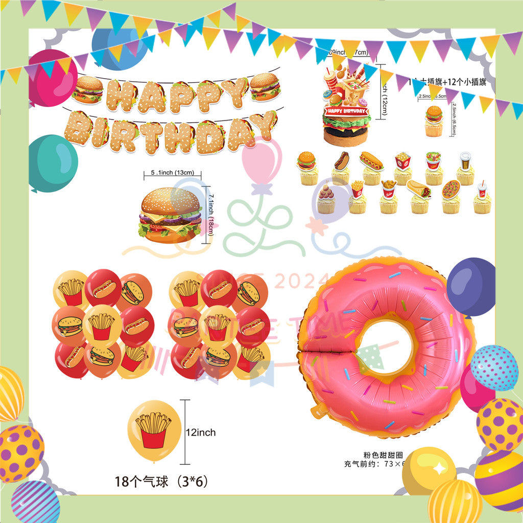 ParteeTime Kids Birthday Party Celebration Decoration Set Fast Food 5 in 1 Banner Balloon Cake Cupcake Topper Hari Jadi