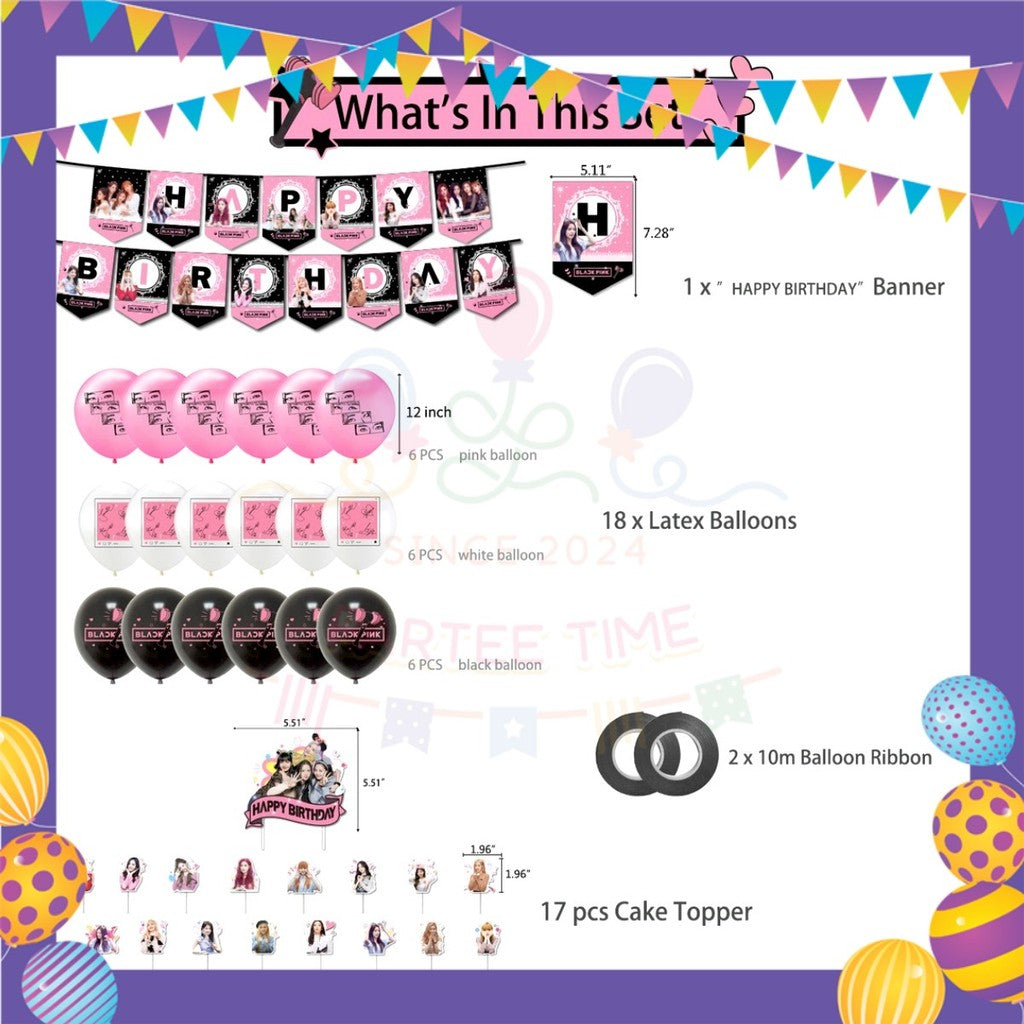 ParteeTime Kids Birthday Party Celebration Decoration Set Black Pink 4 in 1 Hiasan Majlis Sambutan Hari Jadi Kanak-Kanak