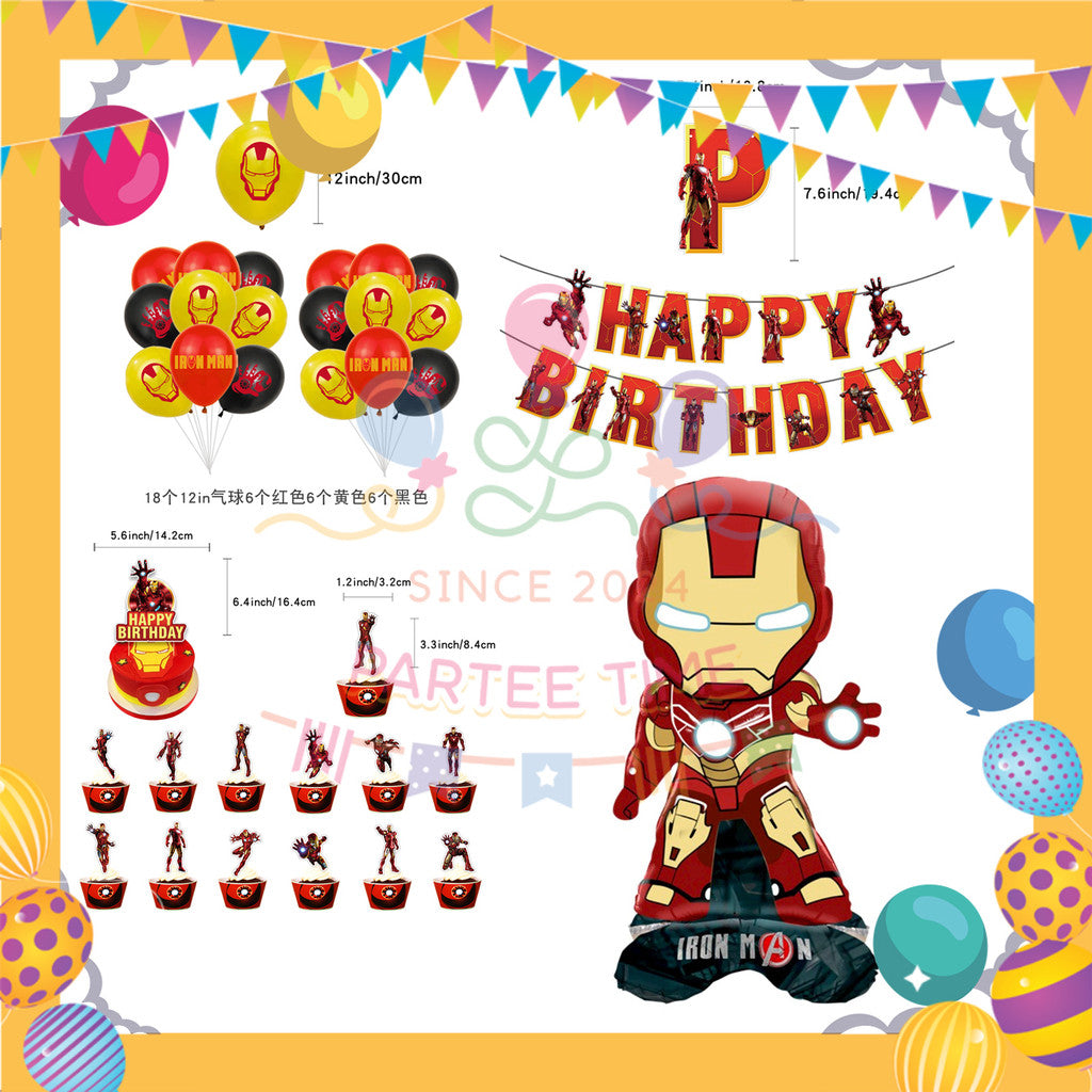 ParteeTime Kids Birthday Party Celebration Decoration Set Superhero 4 in 1 Banner Balloon Cake Cupcake Topper Hari Jadi