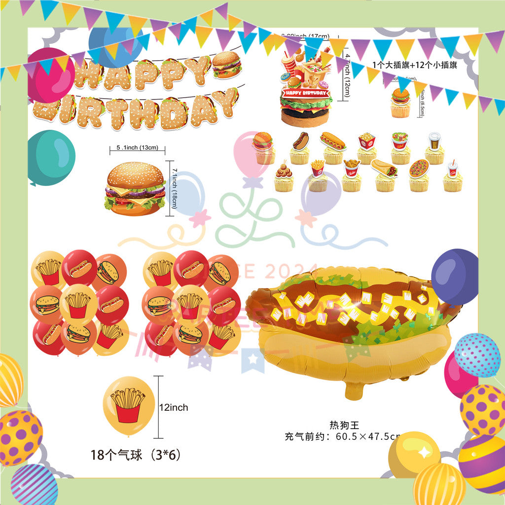 ParteeTime Kids Birthday Party Celebration Decoration Set Fast Food 5 in 1 Banner Balloon Cake Cupcake Topper Hari Jadi