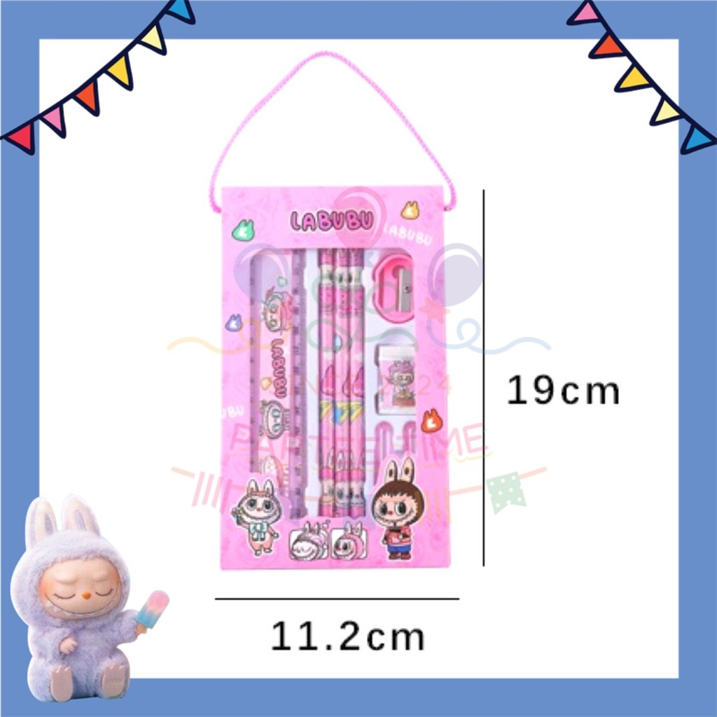 Parteetime Kids Labubu Handheld Boxed Cartoon Stationery Set Pencil Ruler Eraser Stationery Gift Box