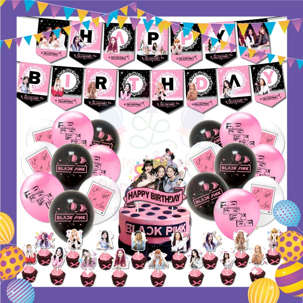 ParteeTime Kids Birthday Party Celebration Decoration Set Black Pink 4 in 1 Hiasan Majlis Sambutan Hari Jadi Kanak-Kanak