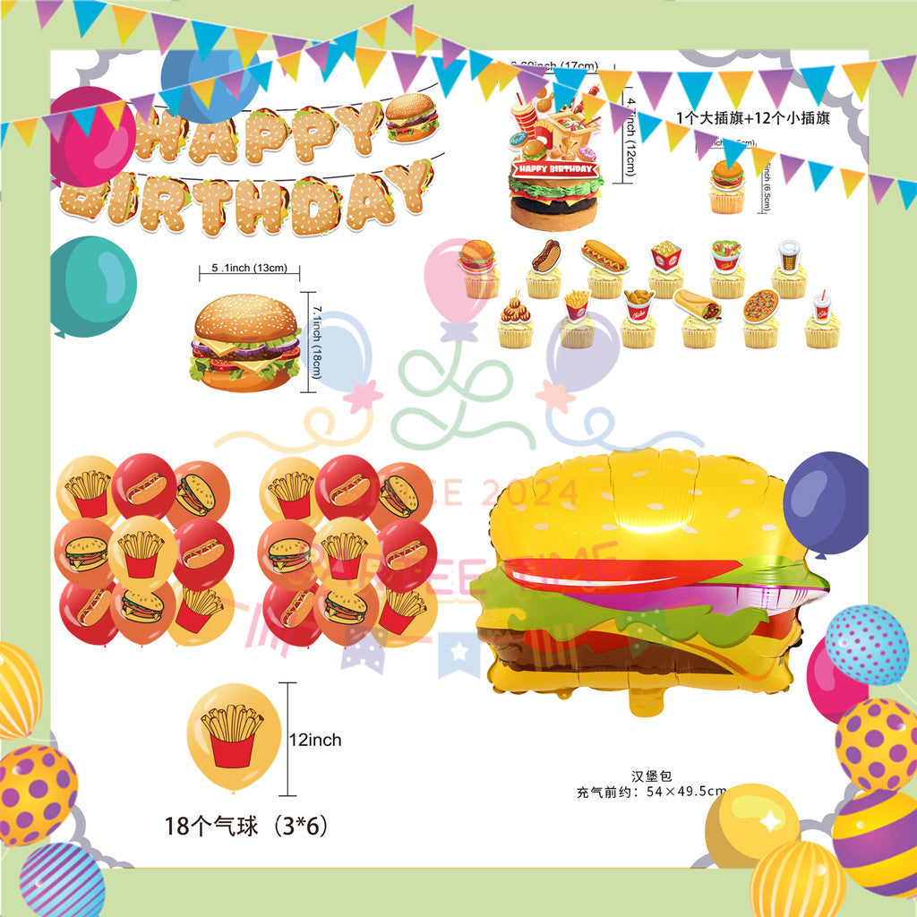 ParteeTime Kids Birthday Party Celebration Decoration Set Fast Food 5 in 1 Banner Balloon Cake Cupcake Topper Hari Jadi