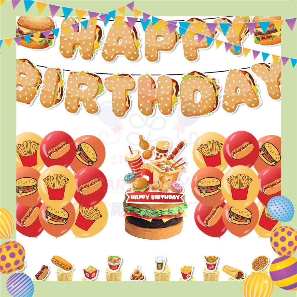 ParteeTime Kids Birthday Party Celebration Decoration Set Fast Food 5 in 1 Banner Balloon Cake Cupcake Topper Hari Jadi