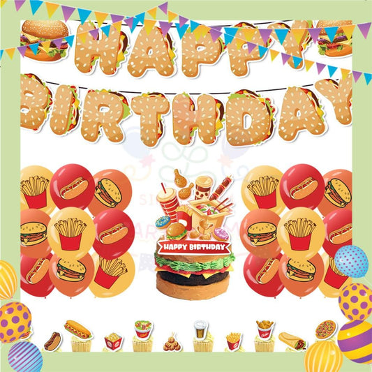 ParteeTime Kids Birthday Party Celebration Decoration Set Fast Food 5 in 1 Banner Balloon Cake Cupcake Topper Hari Jadi