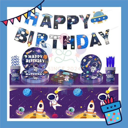 ParteeTime Astronaut Birthday Theme Decorations Kids Birthday Balloon Banner Hang Swirl Backdrop Tablecloth Cake Topper