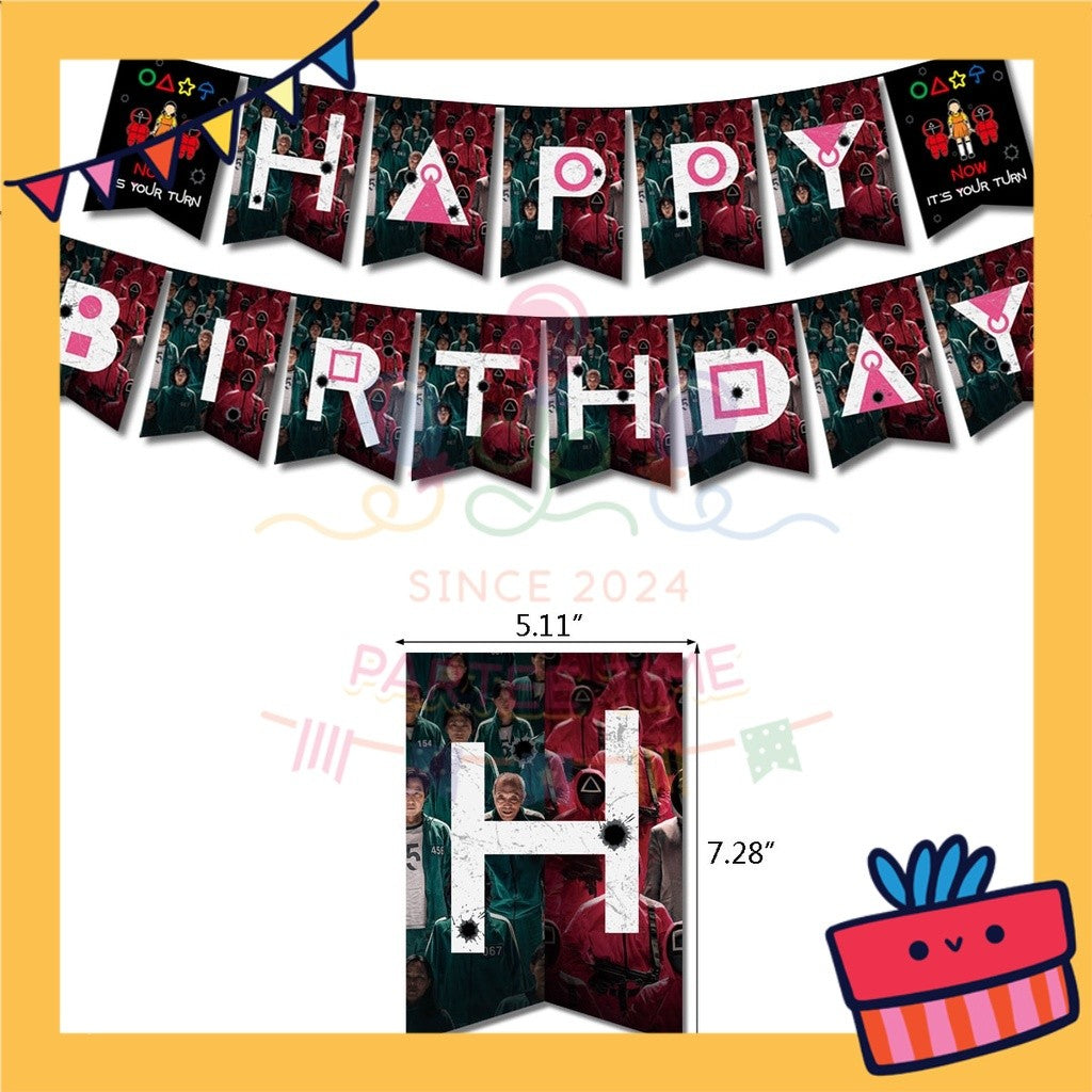ParteeTime Kids Birthday Party Celebration Decoration Set Squid Game 4 in 1 Banner Balloon Cake Cupcake Topper