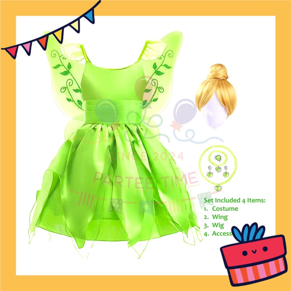 ParteeTime Kids Girls Green Tinker Bell Dress Cosplay Costumes Halloween Fairy Princess Fancy