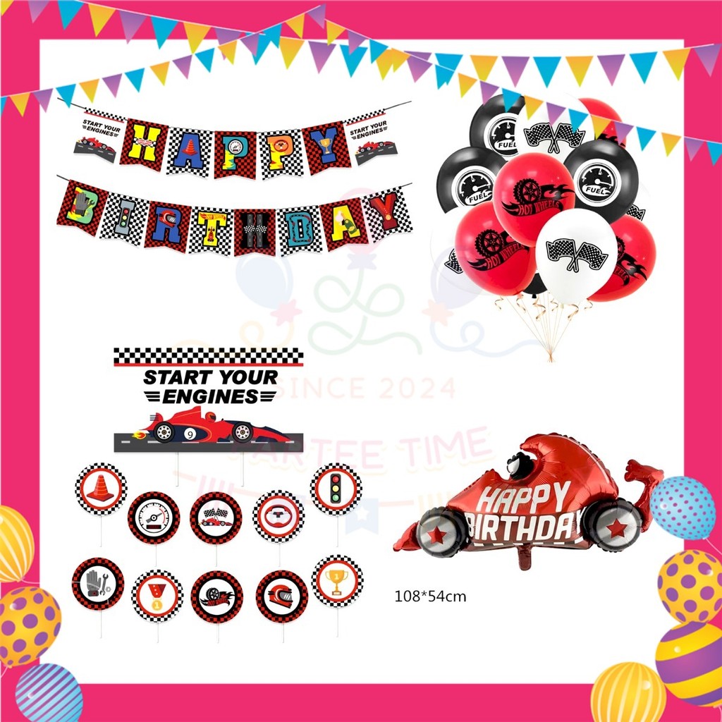 ParteeTime Kids Birthday Party Celebration Decoration Set Racing Car 4 in 1 Majlis Sambutan Hari Jadi Kanak-Kanak