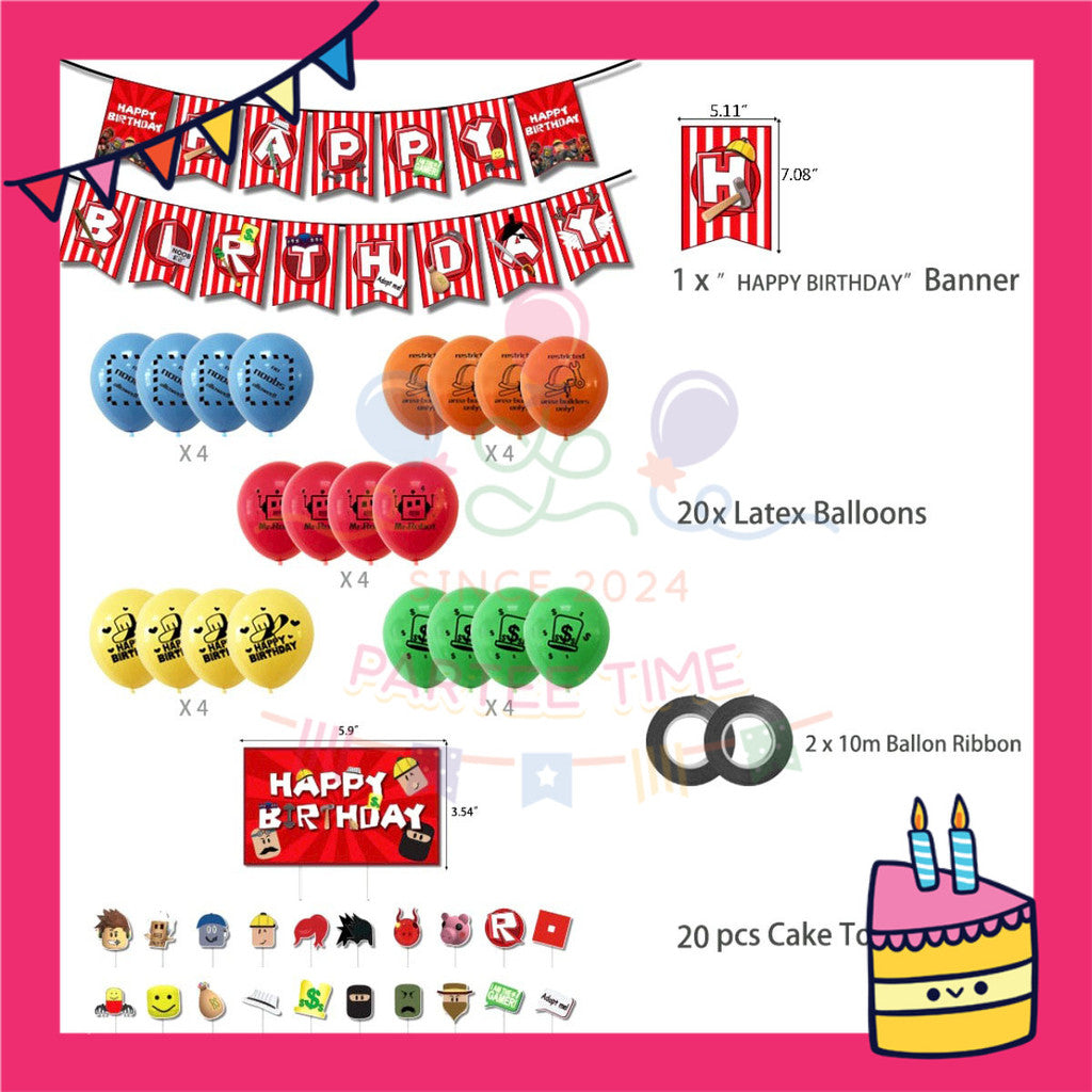 ParteeTime Kids Birthday Party Celebration Decoration Set Roblox Red 4 in 1 Hiasan Majlis Sambutan Hari Jadi Kanak-Kanak
