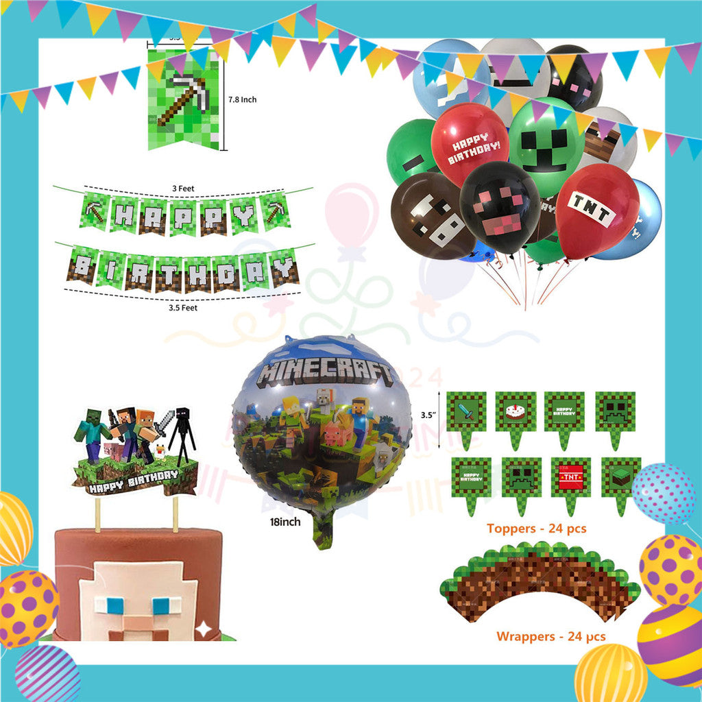 ParteeTime Kids Birthday Party Celebration Decoration Set Minecraft Steve 4 in 1 Majlis Sambutan Hari Jadi Kanak-Kanak