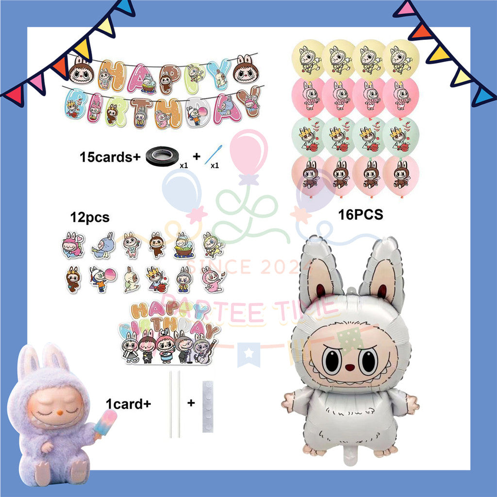 ParteeTime Kids Birthday Party Celebration Decoration Set Labubu 4 in 1 Banner Balloon Cake Cupcake Topper
