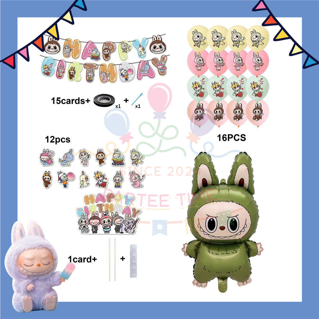 ParteeTime Kids Birthday Party Celebration Decoration Set Labubu 4 in 1 Banner Balloon Cake Cupcake Topper