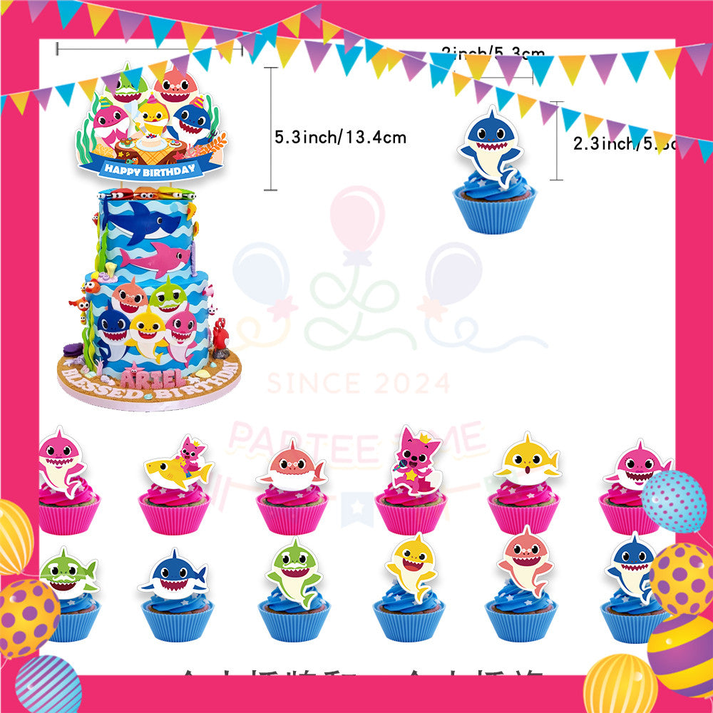ParteeTime Kids Birthday Party Celebration Decoration Set Baby Shark 4 in 1 Banner Balloon Cake Cupcake Topper Hari Jadi