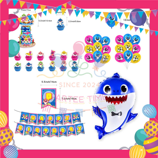 ParteeTime Kids Birthday Party Celebration Decoration Set Baby Shark 4 in 1 Banner Balloon Cake Cupcake Topper Hari Jadi