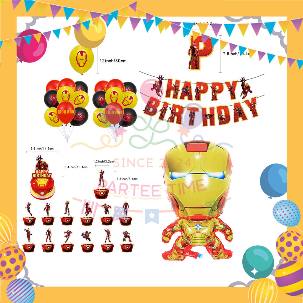 ParteeTime Kids Birthday Party Celebration Decoration Set Superhero 4 in 1 Banner Balloon Cake Cupcake Topper Hari Jadi