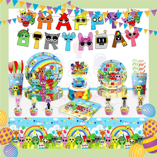 ParteeTime Kids Sprunki Theme Decorations Birthday Party Supplies Banners Backdrop Set Hiasan Hari Jadi Kanak-Kanak