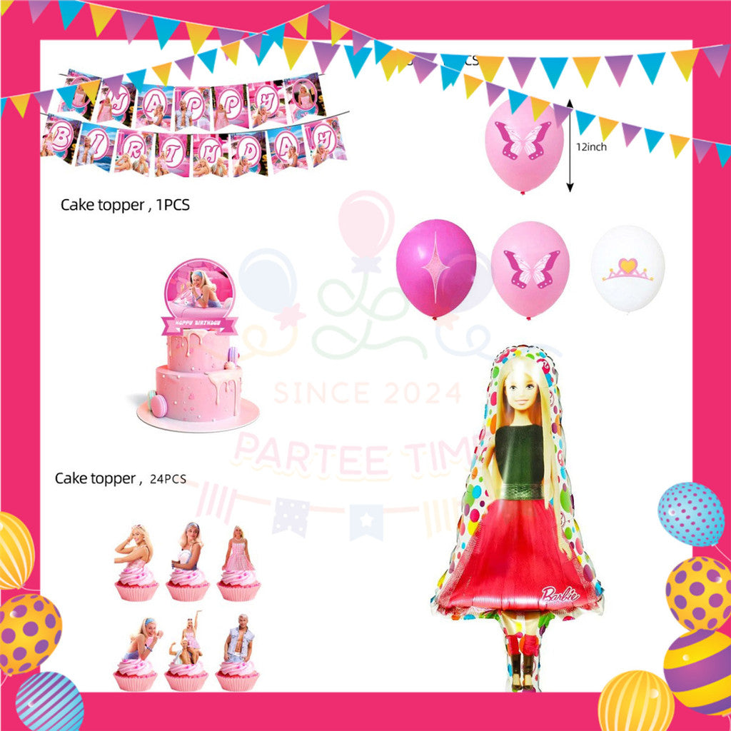 ParteeTime Kids Birthday Party Celebration Decoration Set Barbie 4 in 1 Hiasan Majlis Sambutan Hari Jadi Kanak-Kanak