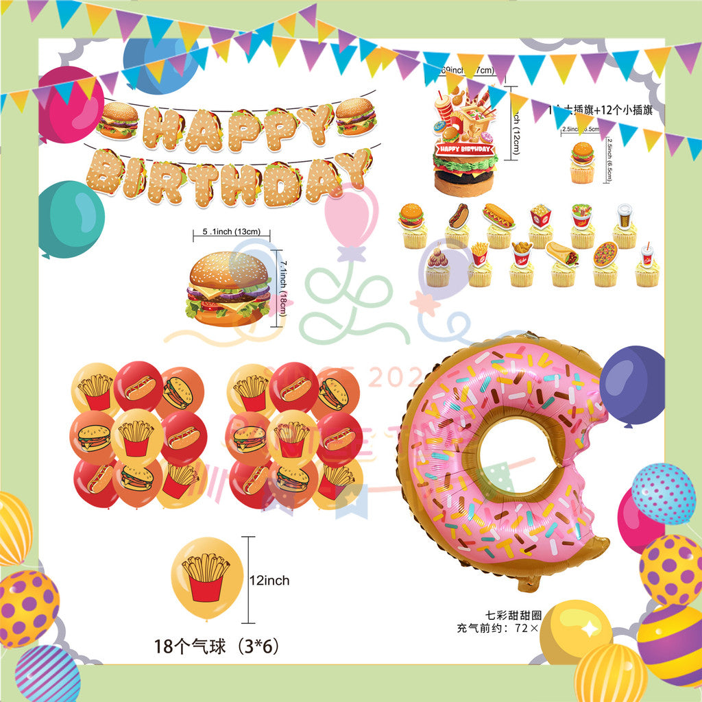 ParteeTime Kids Birthday Party Celebration Decoration Set Fast Food 5 in 1 Banner Balloon Cake Cupcake Topper Hari Jadi