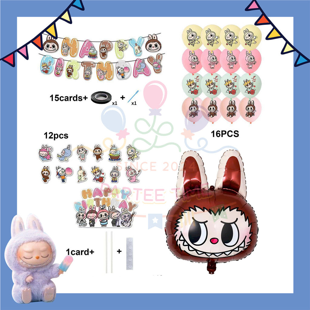 ParteeTime Kids Birthday Party Celebration Decoration Set Labubu 4 in 1 Banner Balloon Cake Cupcake Topper