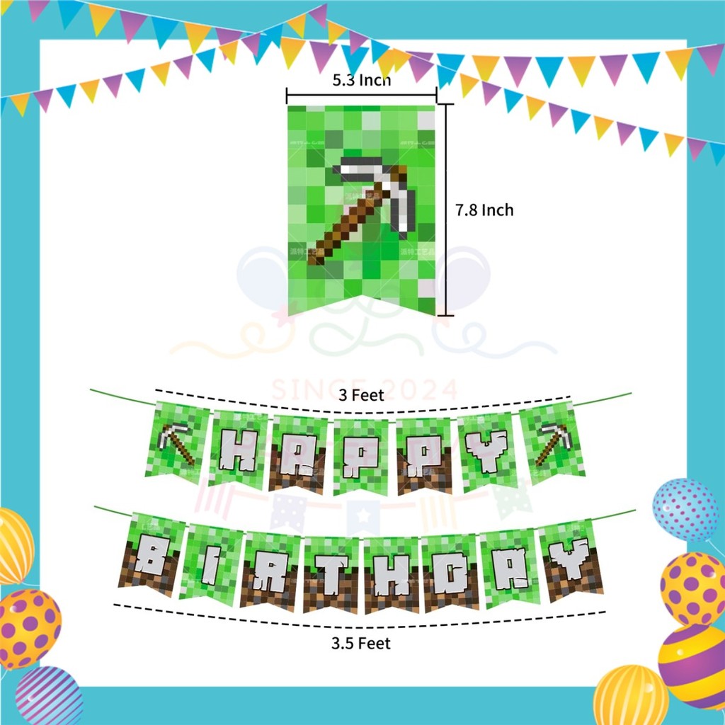 ParteeTime Kids Birthday Party Celebration Decoration Set Minecraft Steve 4 in 1 Majlis Sambutan Hari Jadi Kanak-Kanak