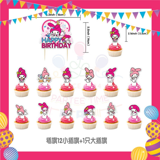 ParteeTime Kids Birthday Party Celebration Decoration Set Melody 4 in 1 Banner Balloon Cupcake Topper Parti Hari Jadi