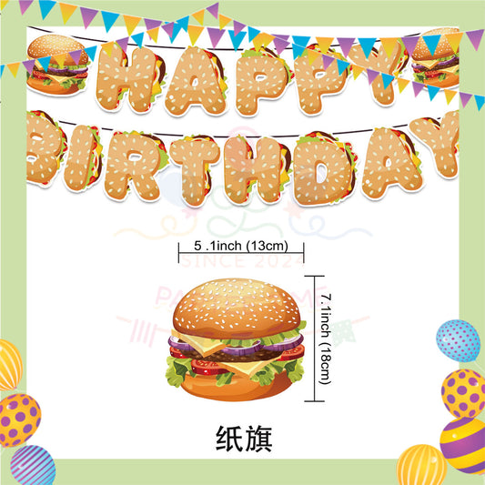 ParteeTime Kids Birthday Party Celebration Decoration Set Fast Food 5 in 1 Banner Balloon Cake Cupcake Topper Hari Jadi
