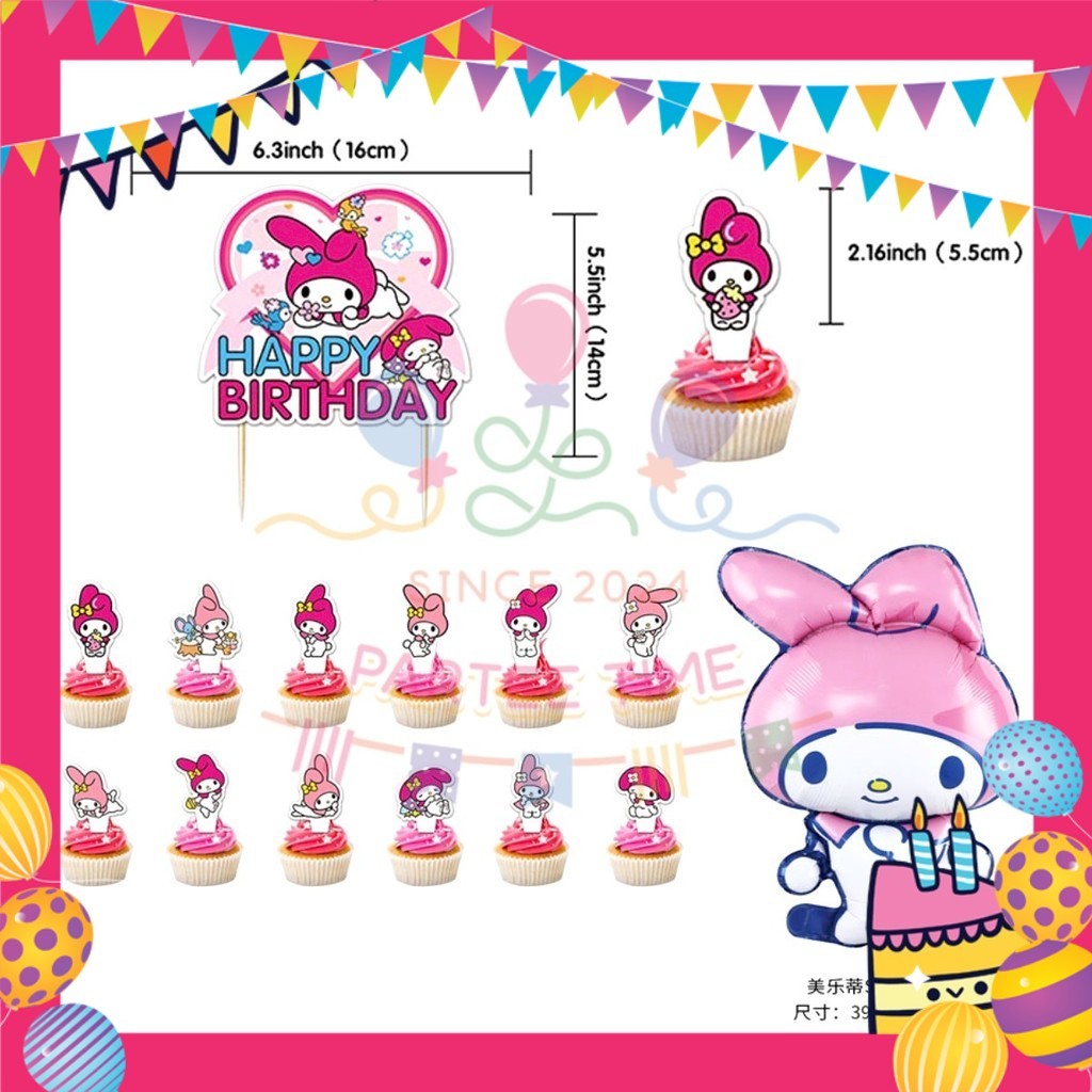 ParteeTime Kids Birthday Party Celebration Decoration Set Melody 4 in 1 Banner Balloon Cupcake Topper Parti Hari Jadi