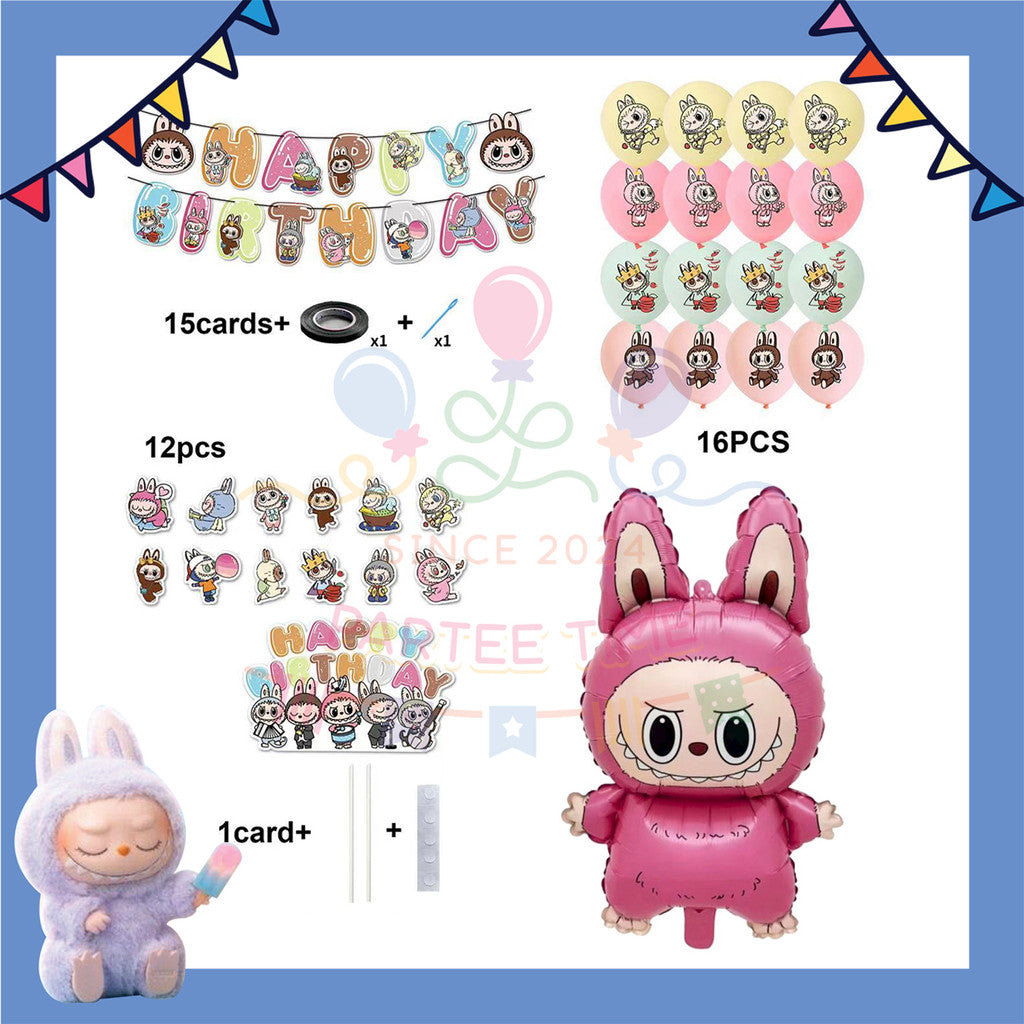 ParteeTime Kids Birthday Party Celebration Decoration Set Labubu 4 in 1 Banner Balloon Cake Cupcake Topper