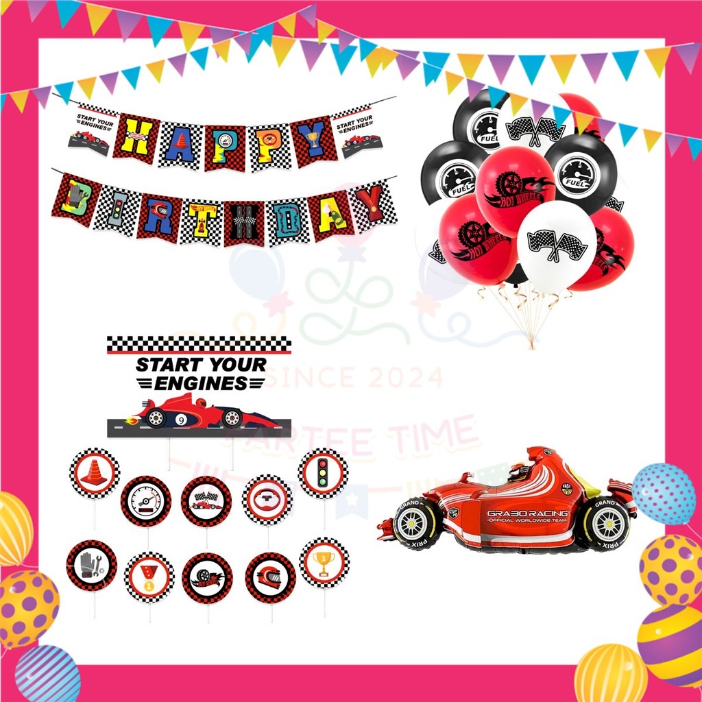 ParteeTime Kids Birthday Party Celebration Decoration Set Racing Car 4 in 1 Majlis Sambutan Hari Jadi Kanak-Kanak