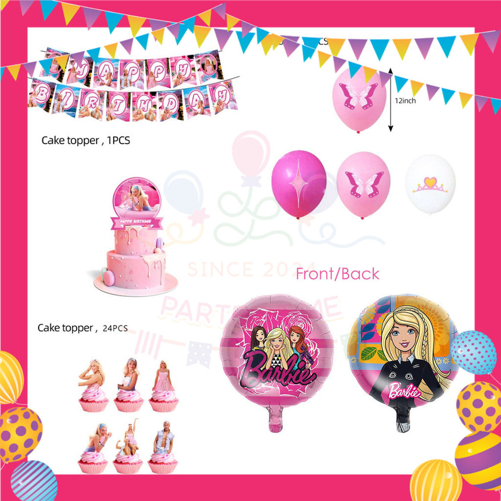 ParteeTime Kids Birthday Party Celebration Decoration Set Barbie 4 in 1 Hiasan Majlis Sambutan Hari Jadi Kanak-Kanak