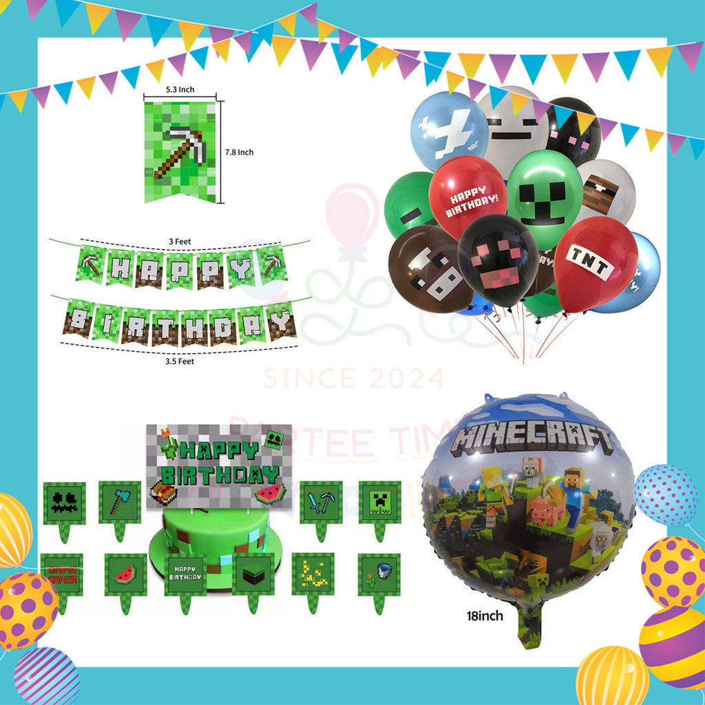 ParteeTime Kids Birthday Party Celebration Decoration Set Minecraft Steve 4 in 1 Majlis Sambutan Hari Jadi Kanak-Kanak