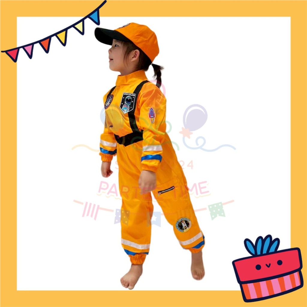 ParteeTime Kids Astronaut Children Boy Girl Kid Costume Halloween Nasa Cosplay Pilot White Orange Jumpsuit Spaceman