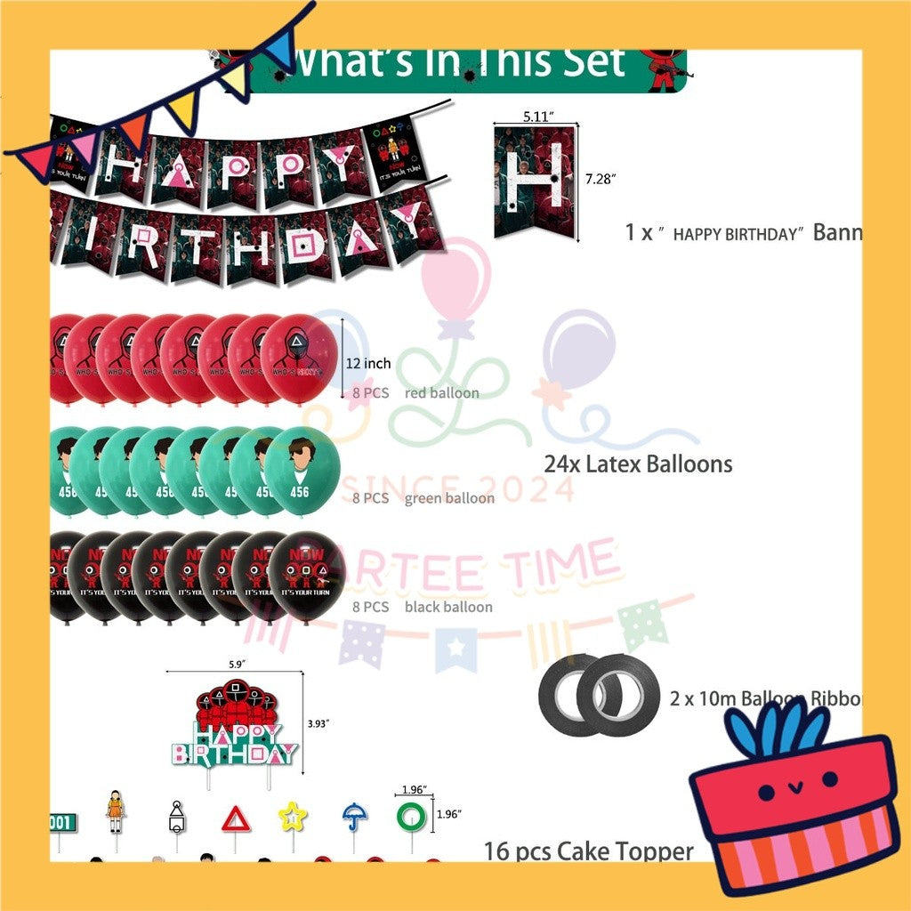 ParteeTime Kids Birthday Party Celebration Decoration Set Squid Game 4 in 1 Banner Balloon Cake Cupcake Topper