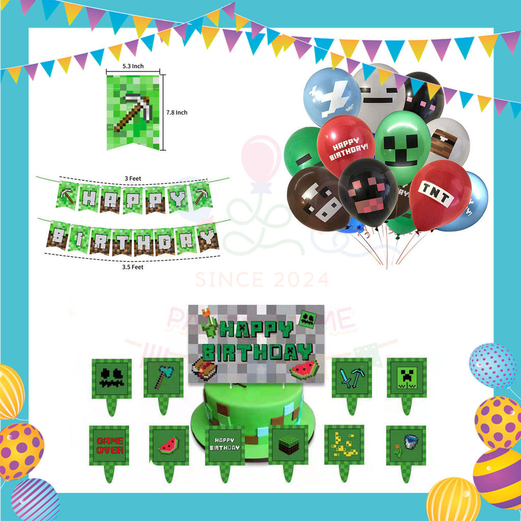 ParteeTime Kids Birthday Party Celebration Decoration Set Minecraft Steve 4 in 1 Majlis Sambutan Hari Jadi Kanak-Kanak