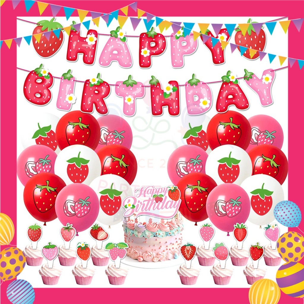 ParteeTime Kids Birthday Party Celebration Decoration Set Strawberry 4 in 1 Majlis Sambutan Hiasan Hari Jadi Kanak-Kanak