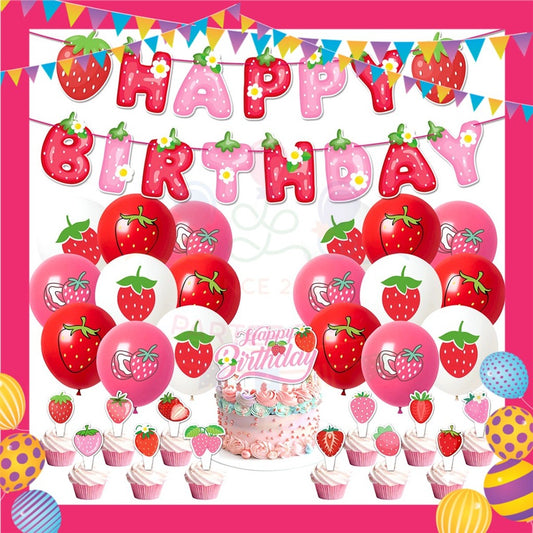 ParteeTime Kids Birthday Party Celebration Decoration Set Strawberry 4 in 1 Majlis Sambutan Hiasan Hari Jadi Kanak-Kanak